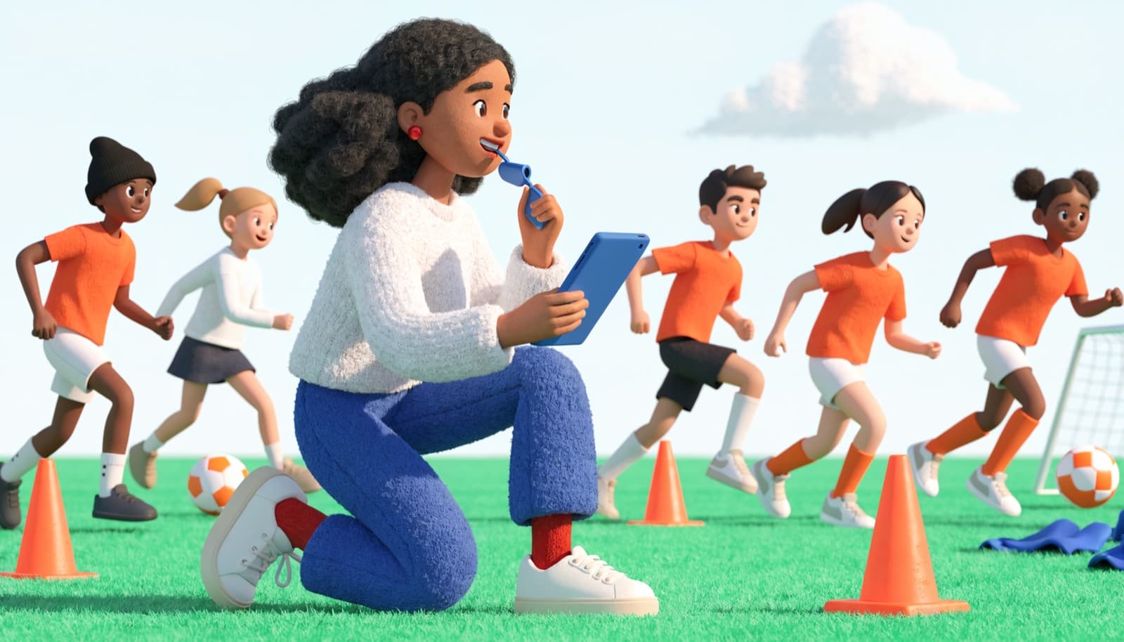 A coach on the touchline with her tablet while a mixed group of young players weave a cone drill behind her